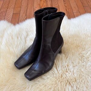 Dark Brown Leather Square Toe Ankle Boots
